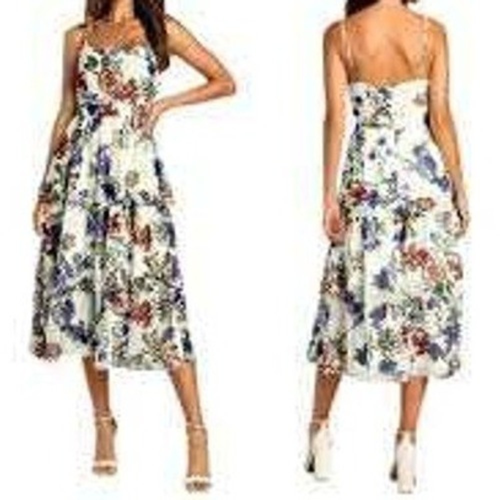 Lulus White Floral Tiered Midi Dress Spaghetti Strap Size M Whimsy Fairy Core